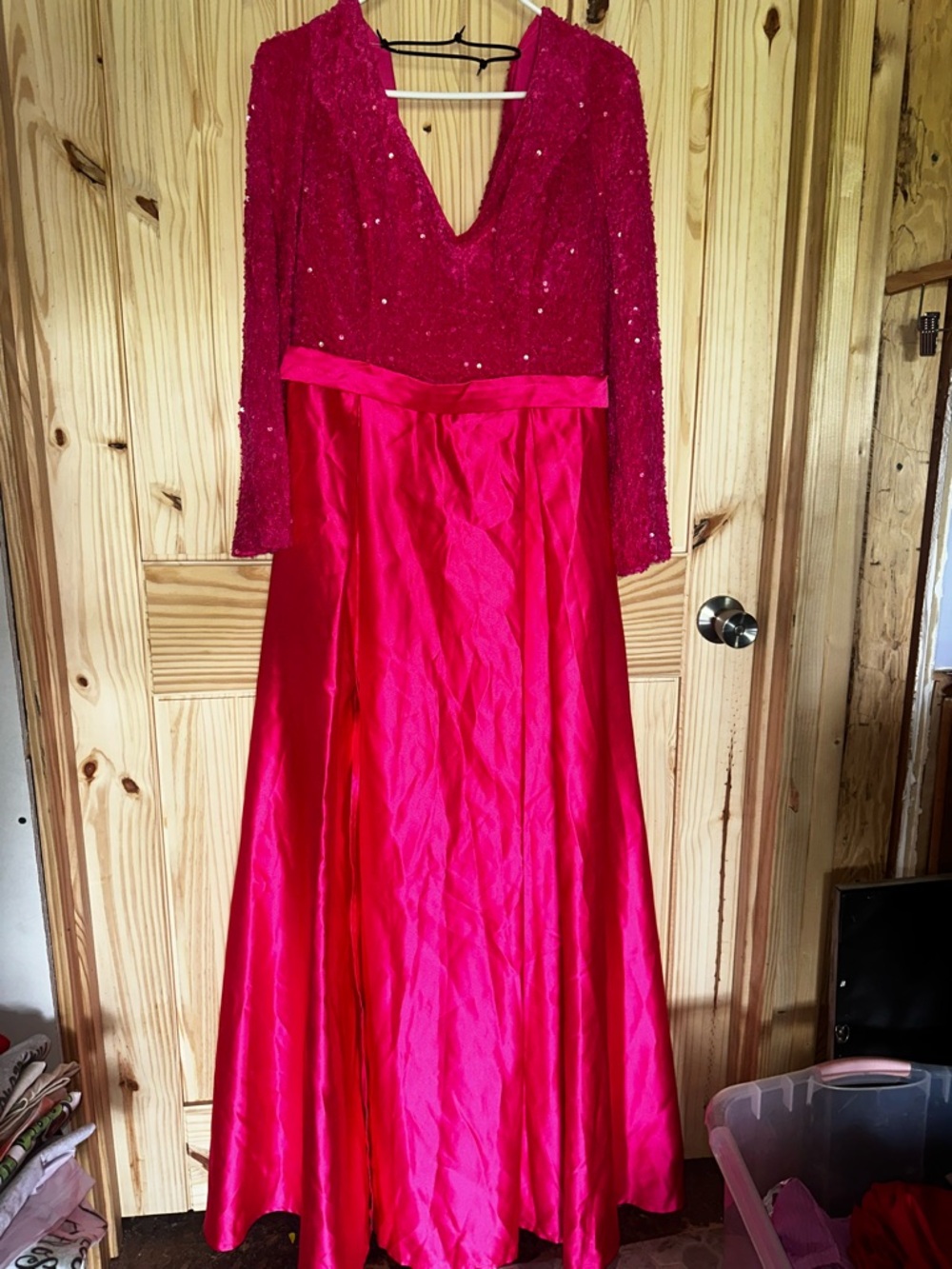 Elegant Long Sleeve Sequin Evening Dress in Fuchsia w/ slit on one side